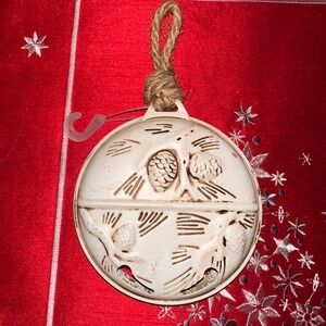 Round Metal Christmas Ornament Pine Cone Design Jingle Bell Hanging